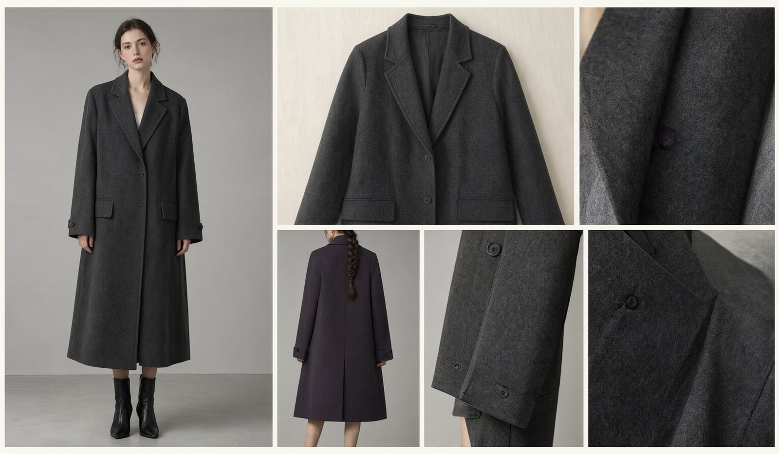 Illustrative campaign imagery spread: coordinated studio product photos, a flat lay and a fabric detail of a tailored charcoal coat