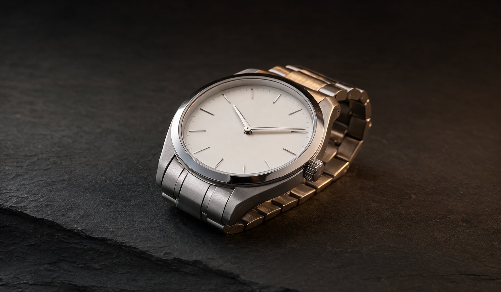 Commercial product photograph of a stainless steel wristwatch on dark slate stone in dramatic single directional light